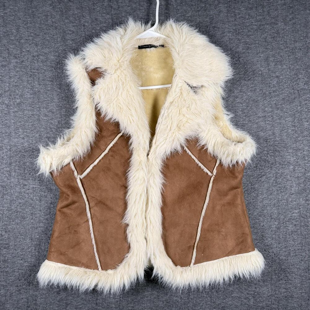 Essentials By Milano Womens L Brown Faux Suede Fur Trim Vest BOHO Western Hippie